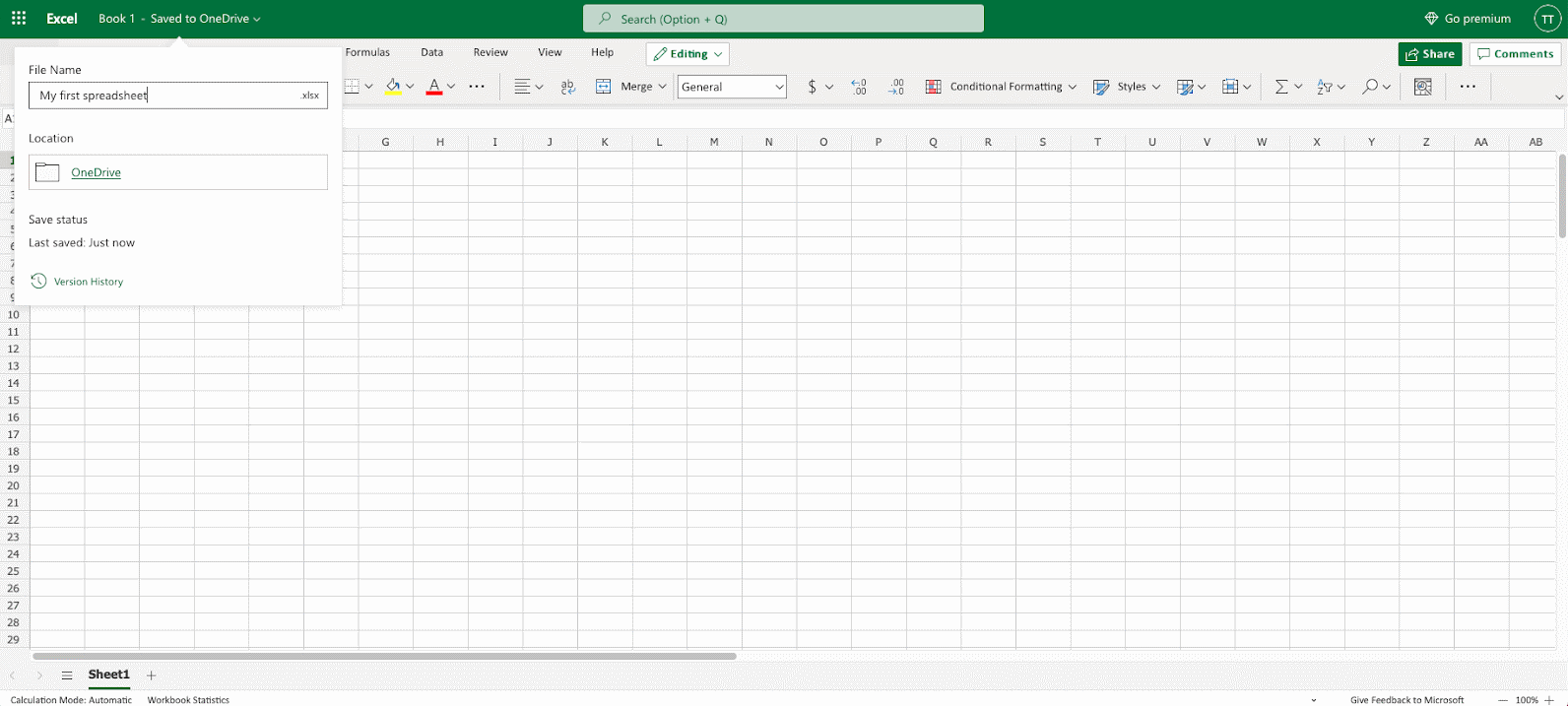 Excel first page