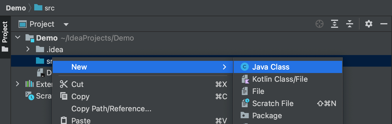 IntelliJ. Select New, and then choose Java Class