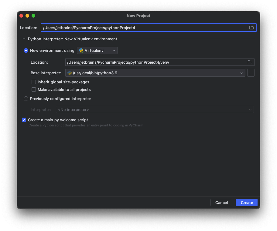 Pycharm Basics. New Project dialog