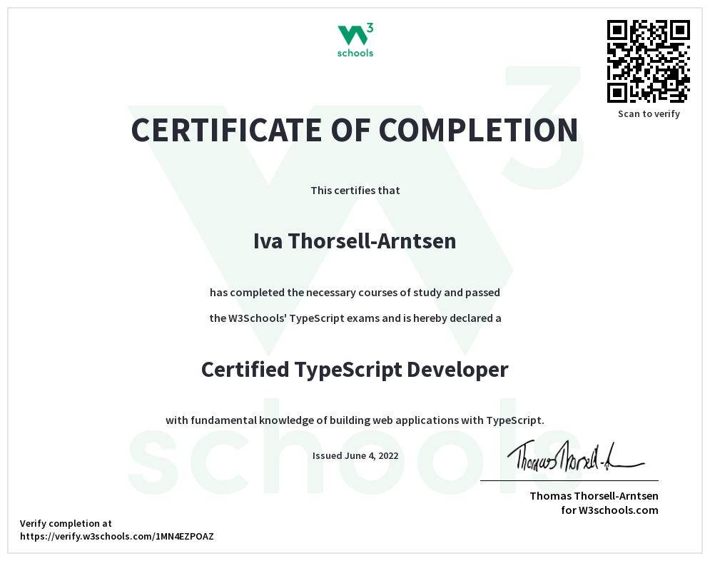 TypeScript Сертифікат W3Schools